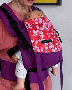 Porte-bebe physio, naissance couleur violet et motifs sakura rouge