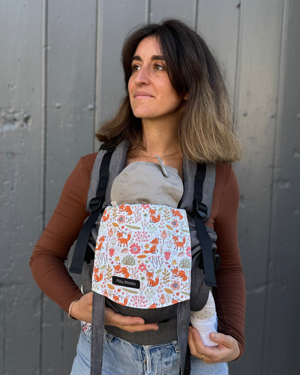 Porte-bebe nouveau né, physio, coton bio, made in france, motif renards